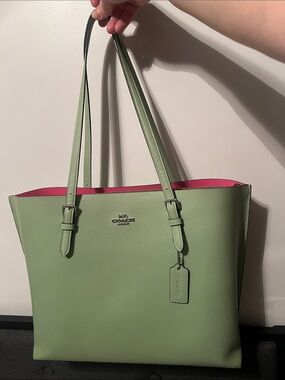 Coach Mint Green Leather Mollie Tote with Pink Trim